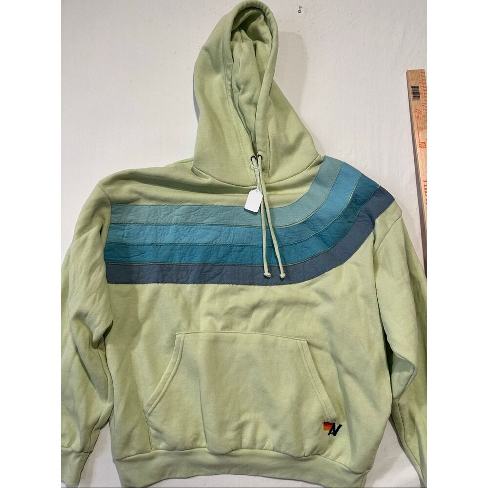 Aviator Nation Hoodie Rainbow Stripe Pullover Lime Green Relaxed Sweatshirt S NW - Picture 2 of 8
